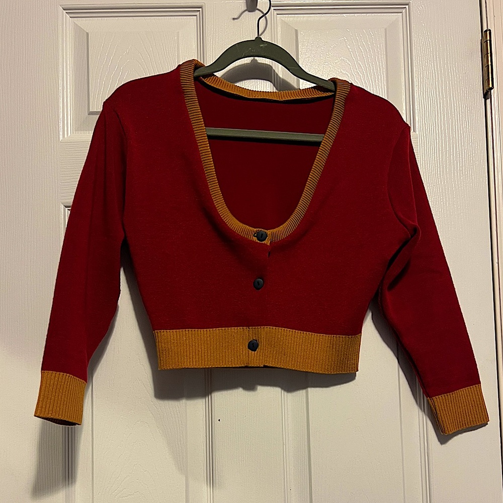 Retired Elhoffer Design House Cropped Cardigan In Red With Yellow Accent